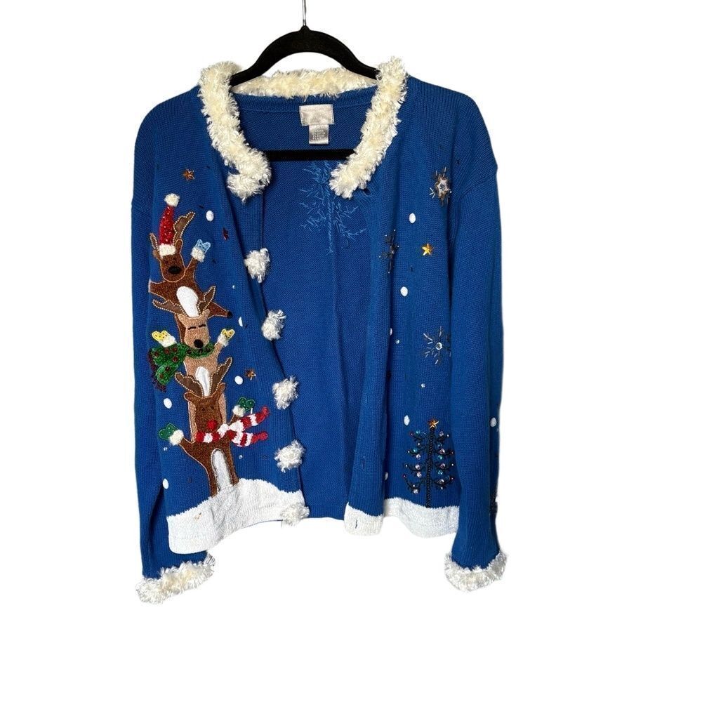 Berek Womens M Blue Ugly Christmas Cardigan Stacked Reindeer Pom Pom